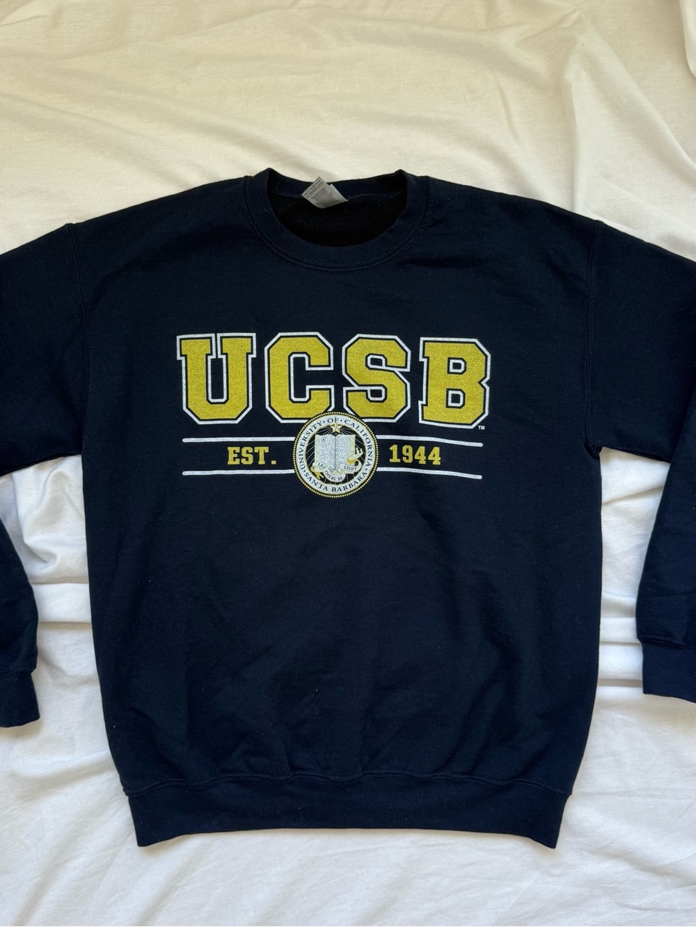 Gildan Navy Crewneck Sweatshirt with Yellow UCSB Logo